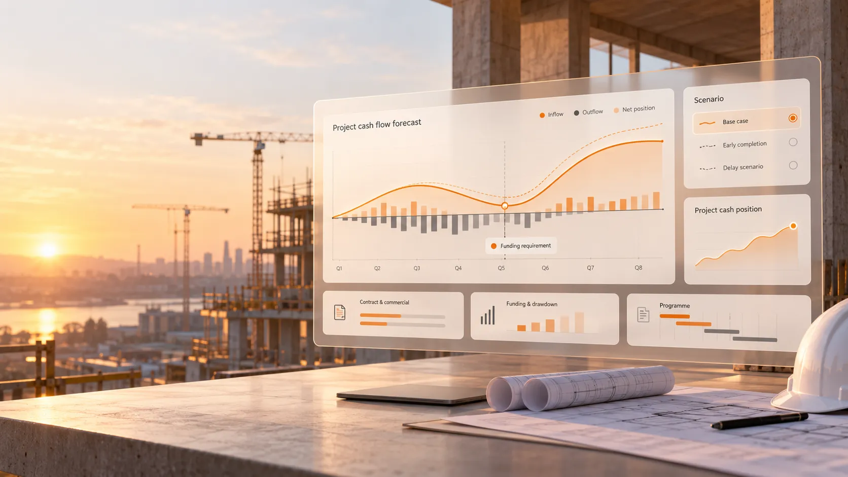 Engineer and finance professional reviewing a construction cash-flow forecast